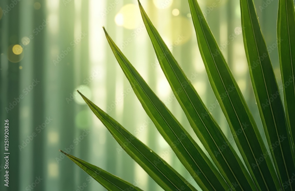 Obraz premium Fresh illustration of green palm leaf against soft reeded glass background. Blurred bokeh lights enhance tropical feel. Minimalist design, ideal for summer themes spa concept layouts. Natural, calm
