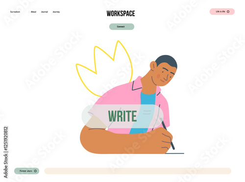 Writing people, modern flat vector concept illustration- sitting woman thoughtfully writing on paper, bubble near head Metaphor for reflection, personal insight, contemplation, creative expression