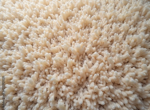 Closeup shot displays soft beige shag rug texture. Fluffy carpet detail adds warmth and comfort. Cosy home decor element presents abstract neutral pattern and stylish modern surface. photo