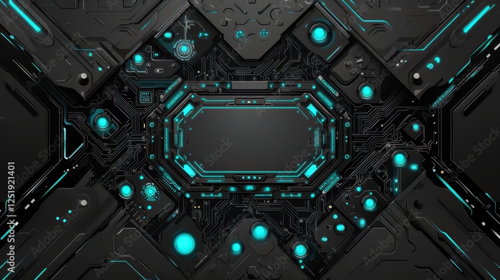Fototapeta premium Futuristic black circuit board with glowing blue accents and intricate design