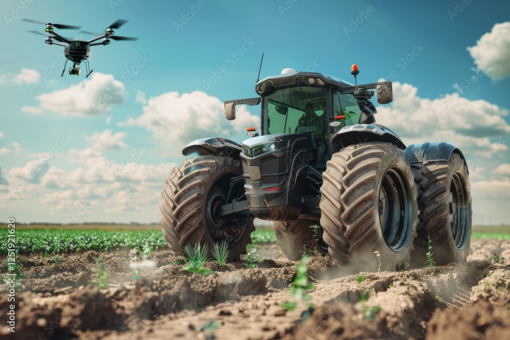 Modern technologies in agriculture. An industrial drone flies over a green field. Neural network ai generated Modern technologies in agriculture. An industrial drone flies over a green field. Neural network ai generated