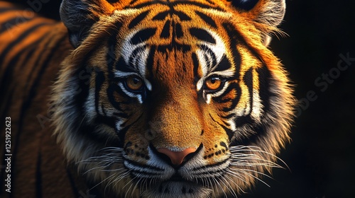 A striking portrait of a majestic tiger, its fierce gaze captivating the viewer, revealing the strength, beauty, and essence of this magnificent creature in the wild. photo