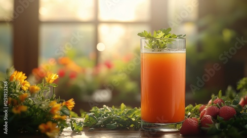 Refreshing orange juice garnished with herbs surrounded by vibrant flowers in a sunlit cafe setting