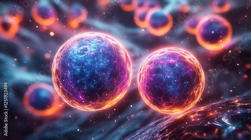 Abstract depiction of vibrant microscopic cells with glowing blue and purple patterns against a dark background