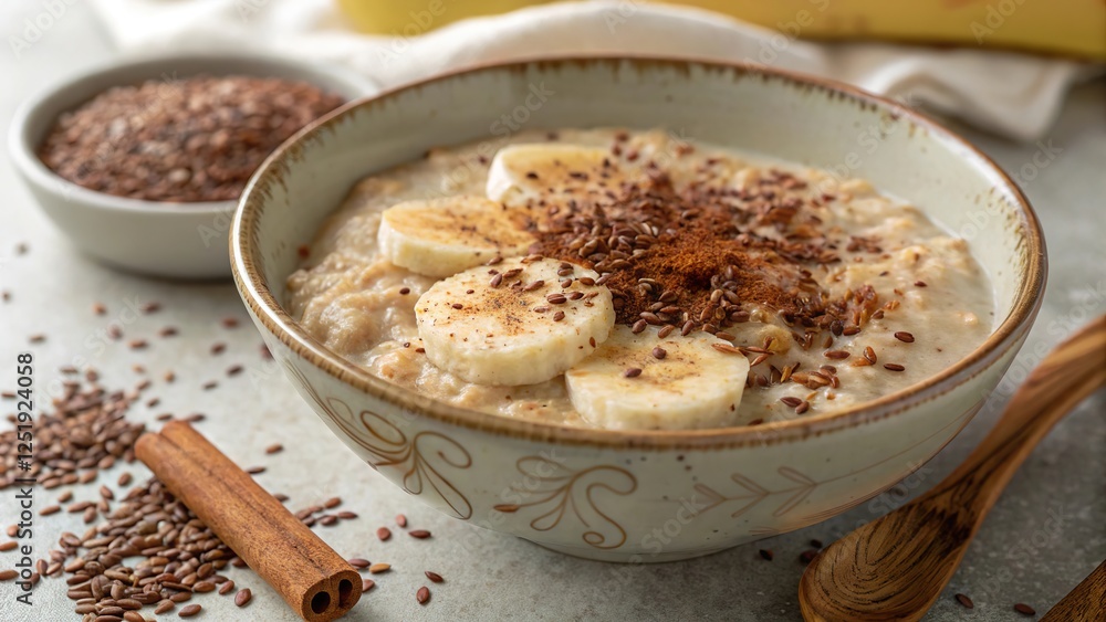 Flaxseeds sprinkled on top of oatmeal with banana slices and a hint of cinnamon for a nutritious breakfast option Flaxseeds sprinkled on top of oatmeal with banana slices and a hint of cinnamon for a nutritious breakfast option