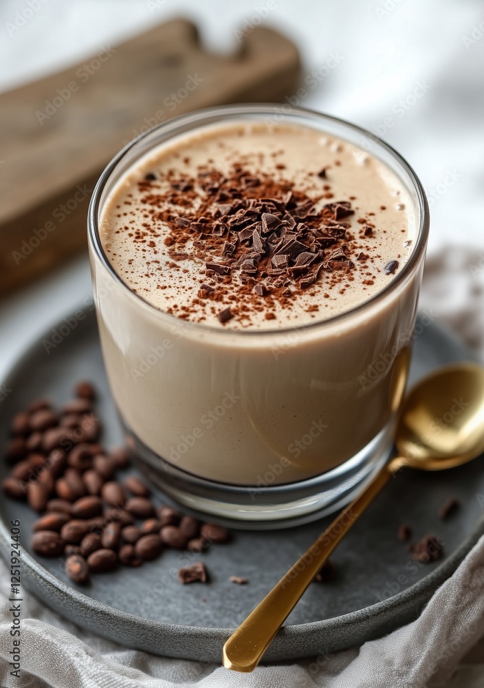 Creamy coffee beverage topped with chocolate shavings served on a wooden table with coffee beans Creamy coffee beverage topped with chocolate shavings served on a wooden table with coffee beans