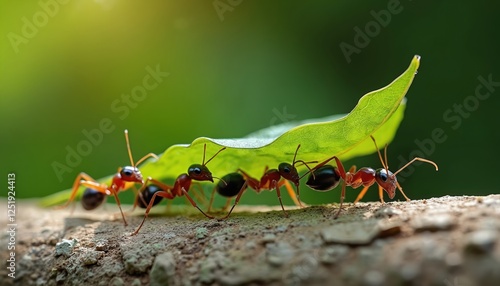 Ants carry a green leaf teamwork concept. Insects transport foliage on a forest floor. Close up showcases nature cooperation group work in a vibrant natural environment. Leafcutter ants working.