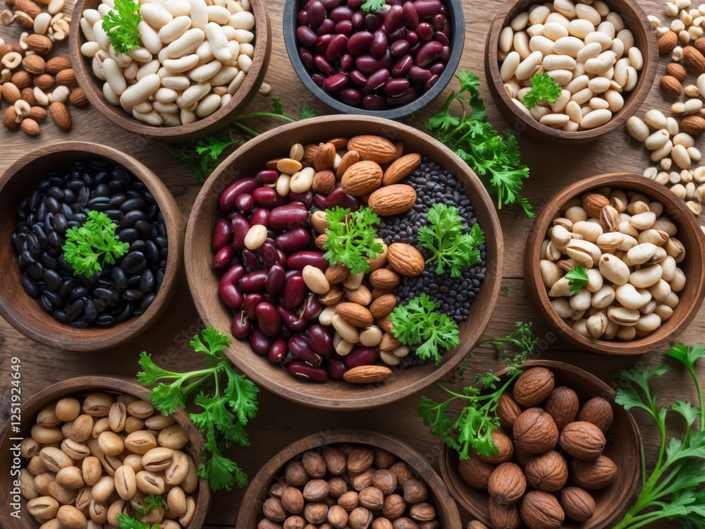 Assorted beans and nuts in bowls overhead view showcasing healthy protein rich foods suitable for nutrition and wellness concepts. Assorted beans and nuts in bowls overhead view showcasing healthy protein rich foods suitable for nutrition and wellness concepts.
