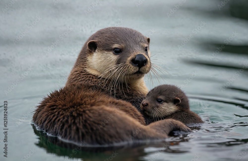 Sea otter with newborn pup floats in calm ocean water. Wild marine mammal cuddling its baby. Motherhood concept. Adorable aquatic animal with brown fur, whiskers. Family love, care in wildlife. Sea otter with newborn pup floats in calm ocean water. Wild marine mammal cuddling its baby. Motherhood concept. Adorable aquatic animal with brown fur, whiskers. Family love, care in wildlife.