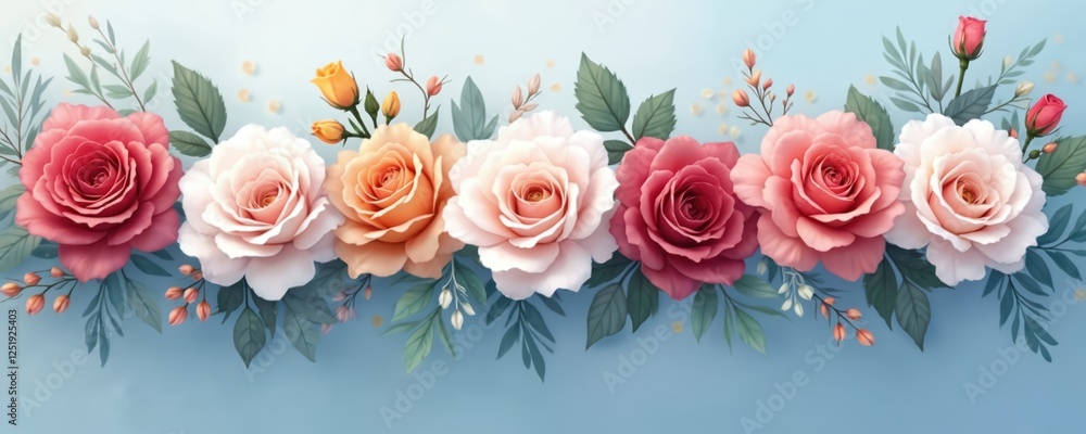 Trendy banner with floral design. Pastel pink roses, peonies art illustration for wedding, invitation, valentine wallpaper. Red, white, yellow rose flower design on blue abstract backdrop. Elegant Trendy banner with floral design. Pastel pink roses, peonies art illustration for wedding, invitation, valentine wallpaper. Red, white, yellow rose flower design on blue abstract backdrop. Elegant