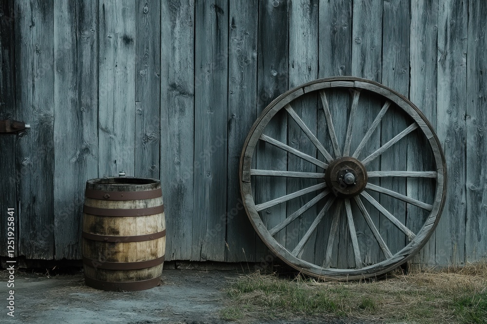 Rustic Charm: Wooden Barrel and Wagon Wheel Against Weathered Barn Rustic Charm: Wooden Barrel and Wagon Wheel Against Weathered Barn