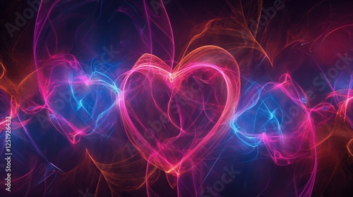 A vibrant abstract background featuring glowing hearts in pink and blue hues.