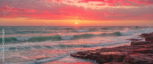 Vibrant Red Sunset Over Ocean Waves Crashing on Rocky Shore.