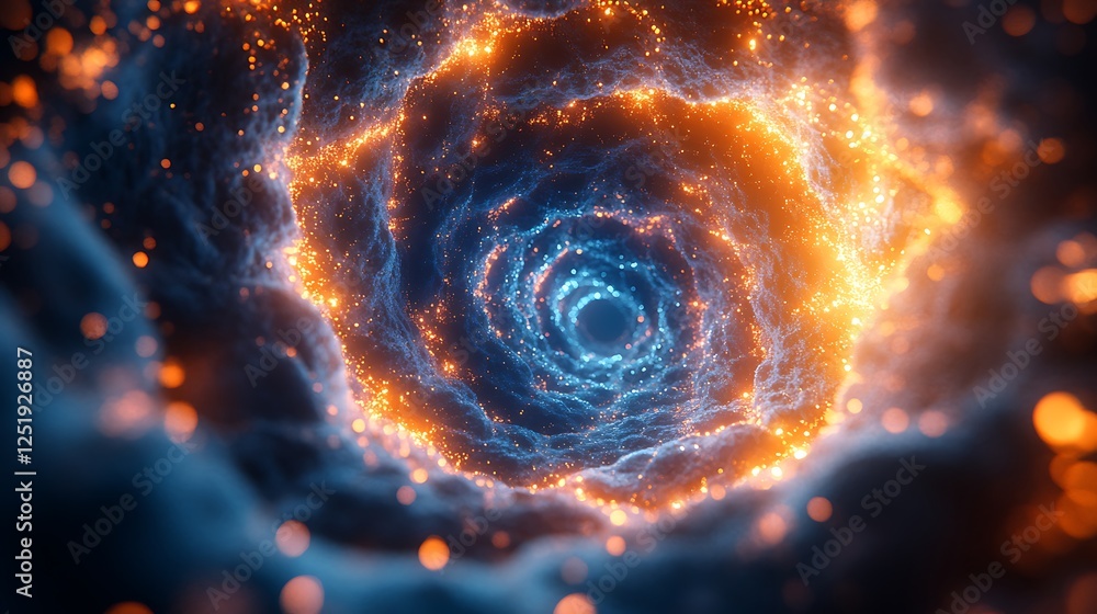 Obraz premium Futuristic glowing cell clusters arranged in an artistic spiral pattern with deep blue and orange tones