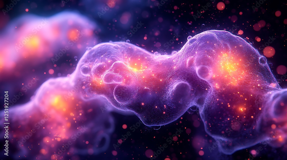 Bioluminescent inspired depiction of swirling microscopic cells with fluid motion and bold saturated hues Bioluminescent inspired depiction of swirling microscopic cells with fluid motion and bold saturated hues