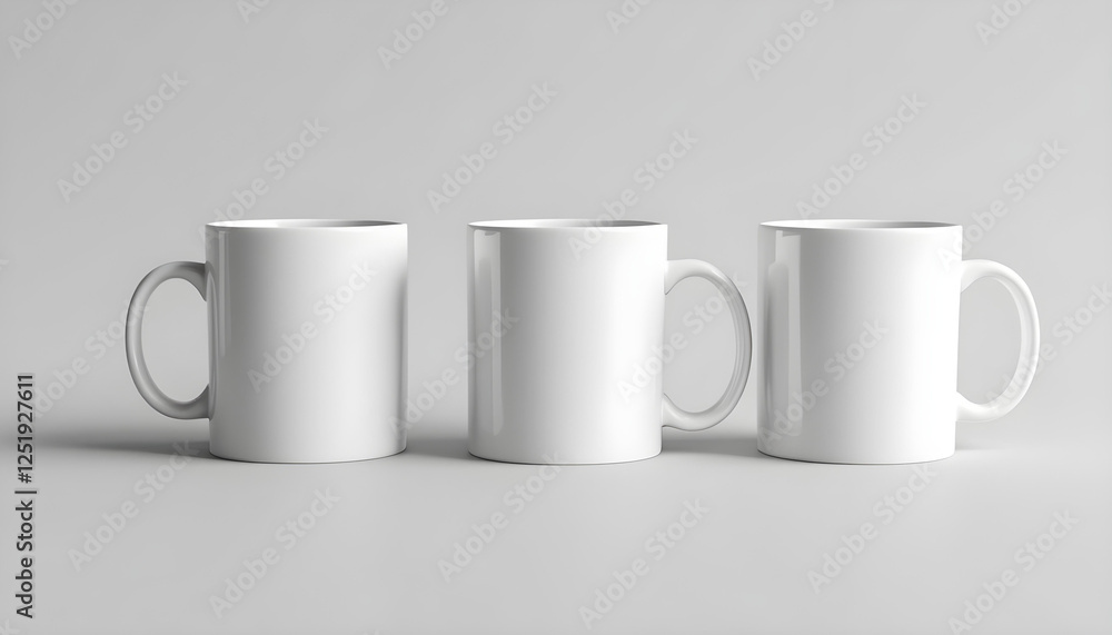 Tres tazas de cerámica blancas alineadas en un fondo gris neutro Tres tazas de cerámica blancas alineadas en un fondo gris neutro