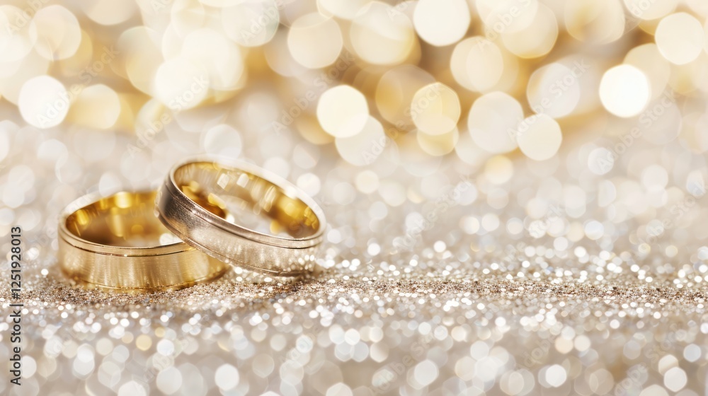 Golden wedding rings on sparkling glitter background with bokeh lights Golden wedding rings on sparkling glitter background with bokeh lights