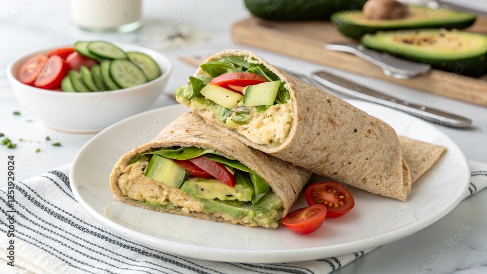 Whole grain wrap filled with creamy hummus, sliced avocado, fresh greens, and ripe tomatoes serves as a nutritious meal option at a dining table Whole grain wrap filled with creamy hummus, sliced avocado, fresh greens, and ripe tomatoes serves as a nutritious meal option at a dining table