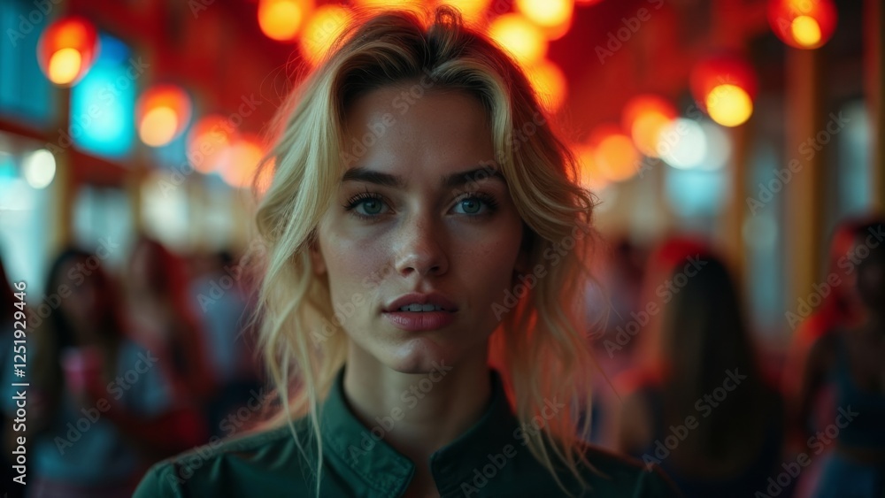 Mesmerizing Portrait of a Woman Surrounded by a Vibrant Festive Atmosphere Mesmerizing Portrait of a Woman Surrounded by a Vibrant Festive Atmosphere