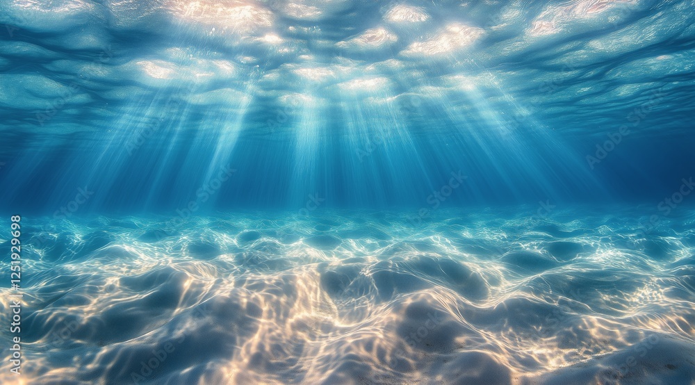 Fototapeta premium Sunlight filters through water creating shimmering patterns over sandy ocean floor