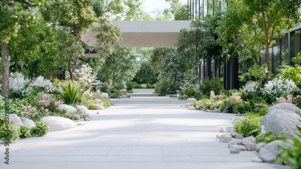 Obraz premium Peaceful urban garden path, modern building background, tranquil scene, corporate wellness