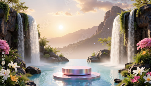 Morning Waterfall in Thailand Surrounded by Lush Green Forest podium product