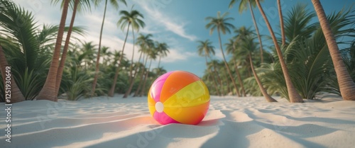 Fototapeta Naklejka Na Ścianę i Meble -  Vibrant beach ball resting on sandy shore surrounded by lush palm trees and tropical vibes