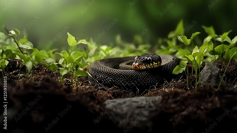 Obraz premium A coiled black snake resting among vibrant green foliage in a lush, misty forest setting