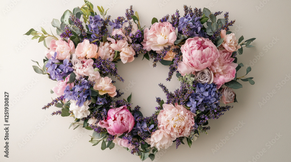 Beautiful heart-shaped wreath of lavender and peonies in soft pastel tones showcased on a wall Beautiful heart-shaped wreath of lavender and peonies in soft pastel tones showcased on a wall