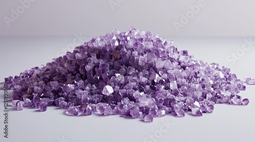 A close-up of sparkling purple crystals elegantly piled together on a smooth surface, showcasing their unique facets and rich color. photo