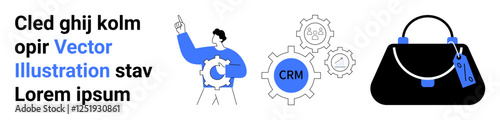 Person interacting with gears labeled CRM for management surrounded by minimal text, plus black modern handbag with price tag. Ideal for business, e-commerce, strategy, CRM tools, fashion, retail