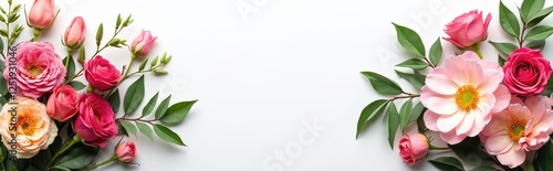 Wallpaper Mural Floral arrangement with roses, peonies, flower buds, fresh green foliage on white backdrop. Flower composition for Valentine day, Mother day or wedding invitation. Festive banner mockup. Torontodigital.ca
