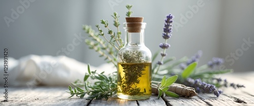 Handmade oil infused with dried herbs like thyme rosemary sage and lavender in a glass bottle on wooden table photo