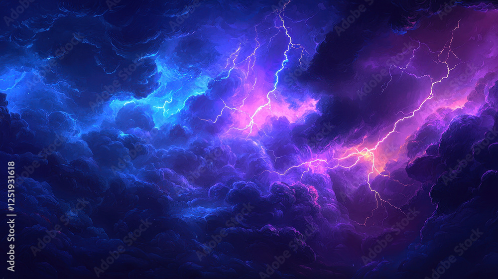 Fototapeta premium Intense stormy sky filled with lightning bolts illuminating a dramatic night atmosphere