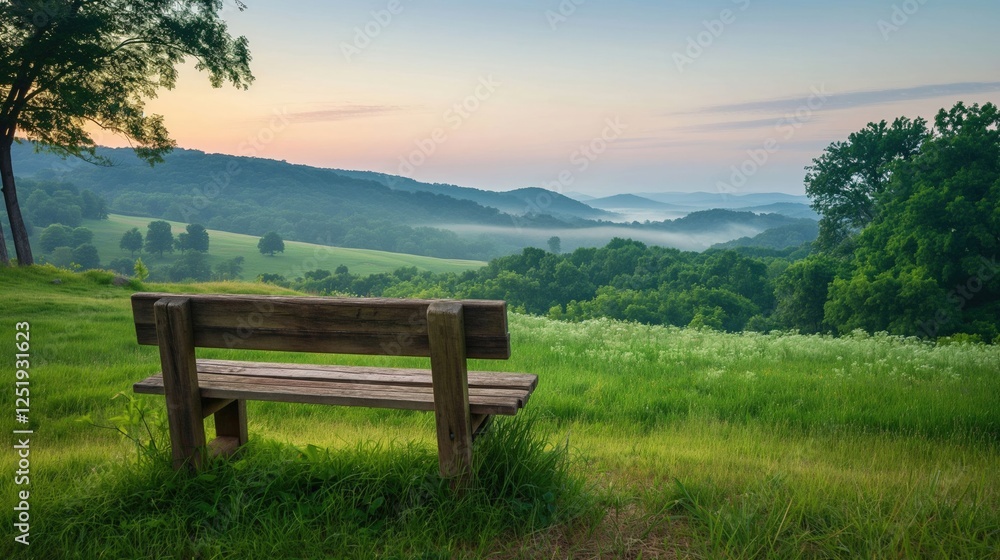 A wooden bench overlooking a lush green valley at sunrise. A wooden bench overlooking a lush green valley at sunrise.