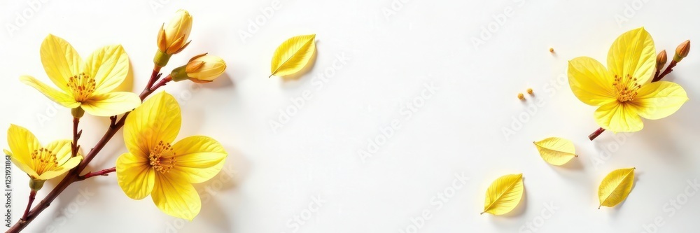 Fototapeta premium white background with golden hazel flower sprigs, flowers, petals, hazel