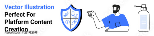 Shield showcasing healthcare symbols, man pointing towards sanitizer bottle. Ideal for health, hygiene, awareness, medical campaigns, prevention tips, educational content, flat landing page banner