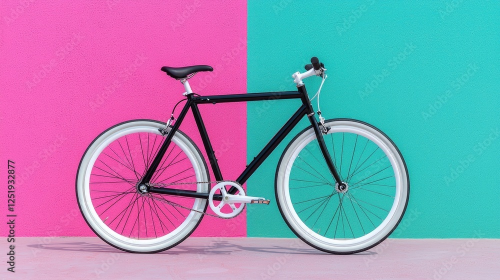 Black bicycle against pink and teal wall Black bicycle against pink and teal wall