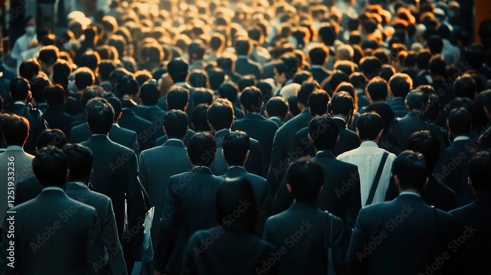 Fototapeta premium A dense crowd of Japanese businessmen in dark suits walking during rush hour, taken from behind with a telephoto lens.