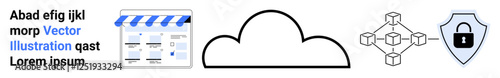 Browser window interface next to a cloud icon, interconnected nodes, and a shield with a lock. Ideal for technology, internet security, data management, cloud computing, blockchain, cybersecurity