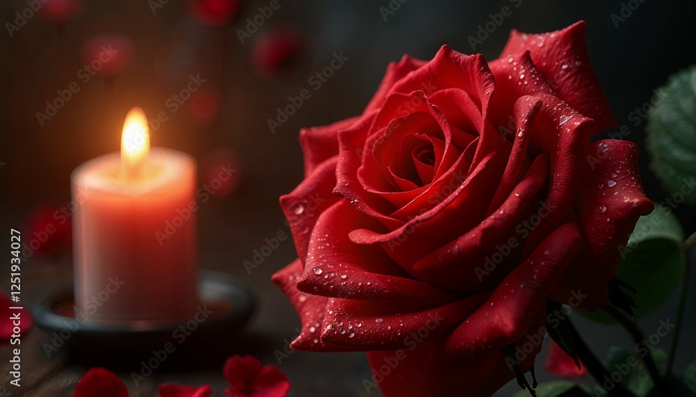 Valentine's Day, a close-up of a red rose with dew drops on the petals, soft lighting from a nearby candle, dark background. AI Generated