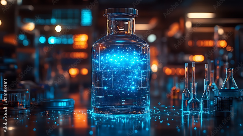 A glass container filled with a glowing blue substance in a modern chemistry lab surrounded by labware and a bright data screen A glass container filled with a glowing blue substance in a modern chemistry lab surrounded by labware and a bright data screen