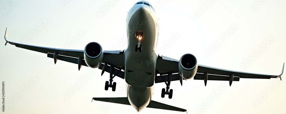 Fototapeta premium Airplane takes off during daytime. It flies into the sky and shows turbine engine wings undercarriage. Commercial aviation transport concept with jet for passenger travel or cargo delivery.