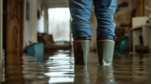 Plumber wearing rubber boots standing in flooded house interior