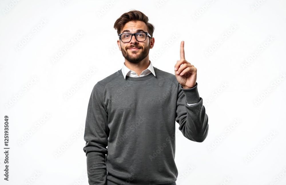 Handsome caucasian man in glasses points finger up idea on clean white background. Confident young guy demonstrates eureka concept, business coaching or teaching advice, lesson presentation. Handsome caucasian man in glasses points finger up idea on clean white background. Confident young guy demonstrates eureka concept, business coaching or teaching advice, lesson presentation.