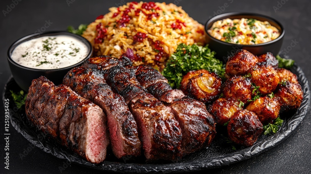 Grilled Steak with Rice and Roasted Potatoes on a Dark Plate Grilled Steak with Rice and Roasted Potatoes on a Dark Plate