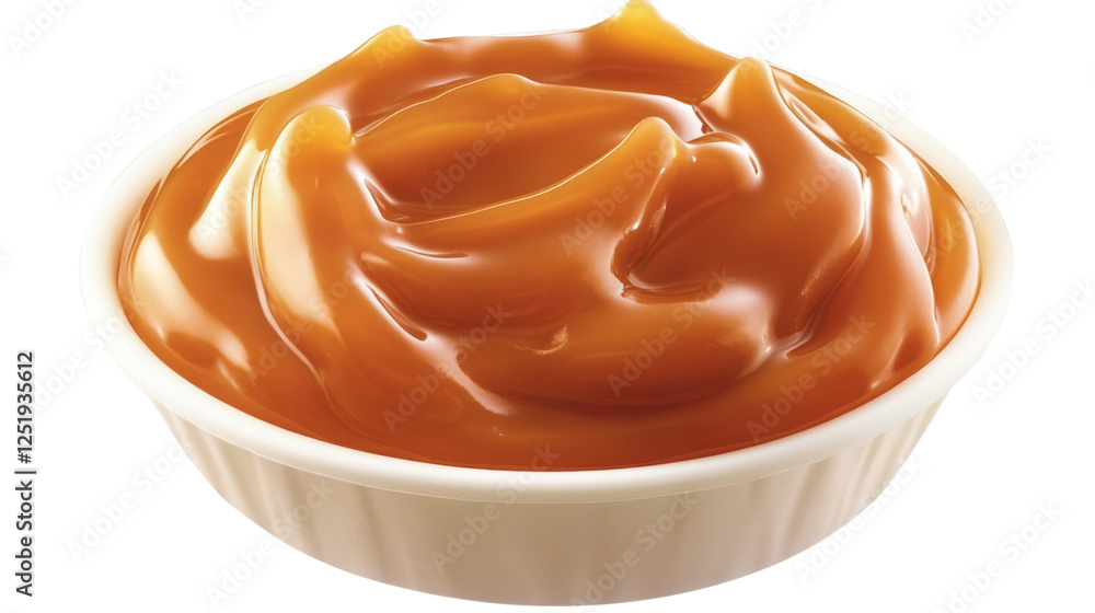 Creamy caramel sauce rotating in a white bowl on transparent background Creamy caramel sauce rotating in a white bowl on transparent background