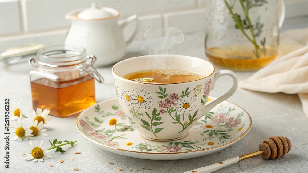 Chamomile tea served in a floral cup with honey and fresh blossoms, creating a cozy and inviting atmosphere Chamomile tea served in a floral cup with honey and fresh blossoms, creating a cozy and inviting atmosphere