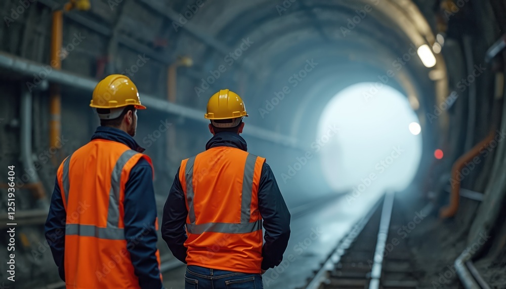 Two engineers in vests, helmets inspect large underground tunnel construction site. Men at work oversee infrastructure, transportation project, focus on safety regulations, occupational standards, Two engineers in vests, helmets inspect large underground tunnel construction site. Men at work oversee infrastructure, transportation project, focus on safety regulations, occupational standards,