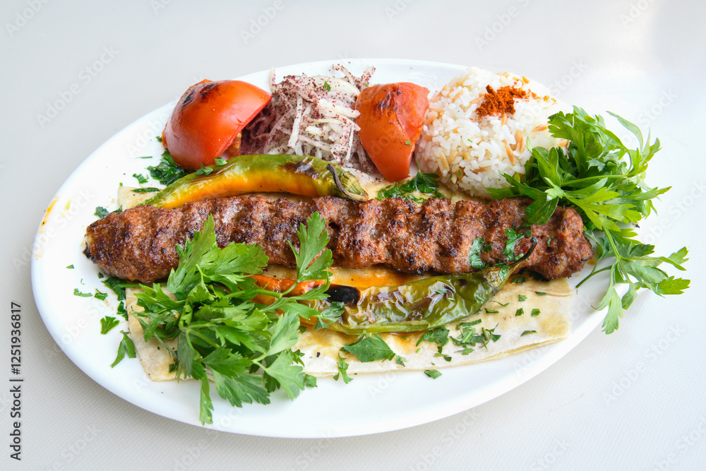 Grilled Turkish Adana, Urfa Kebab with grilled vegetables, onion and rice on plate. Urfa, Adana durum.
Grilled Turkish Adana, Urfa Kebab with grilled vegetables, onion and rice on plate. Urfa, Adana durum.
